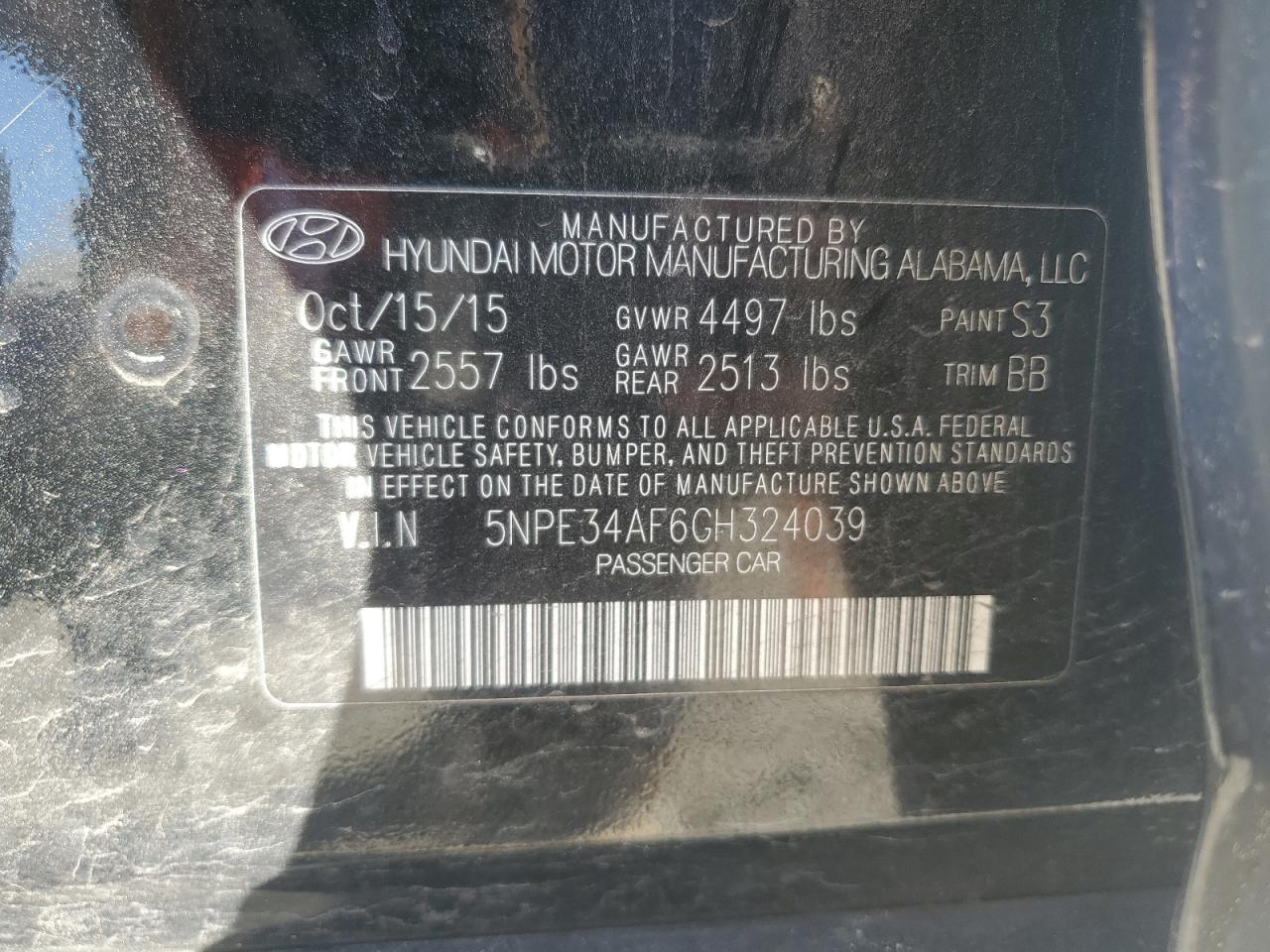 2016 Hyundai Sonata VIN 5NPE34AF6GH324039 Copart auction photo, front end / rear end damage thumbnail 15
