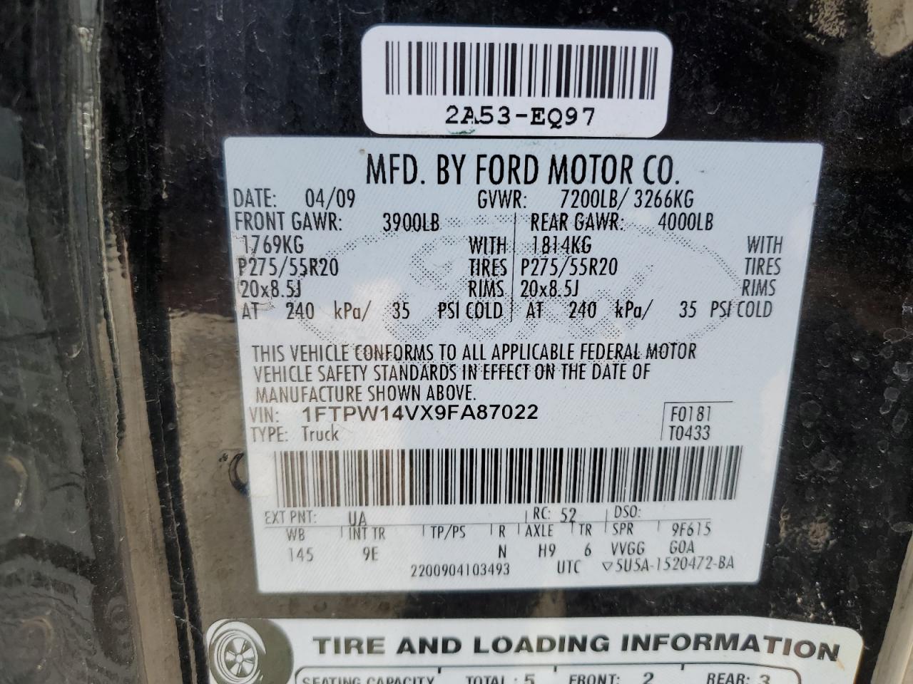 2009 Ford F-150 VIN 1FTPW14VX9FA87022 Copart auction photo, mechanical / front end damage thumbnail 12
