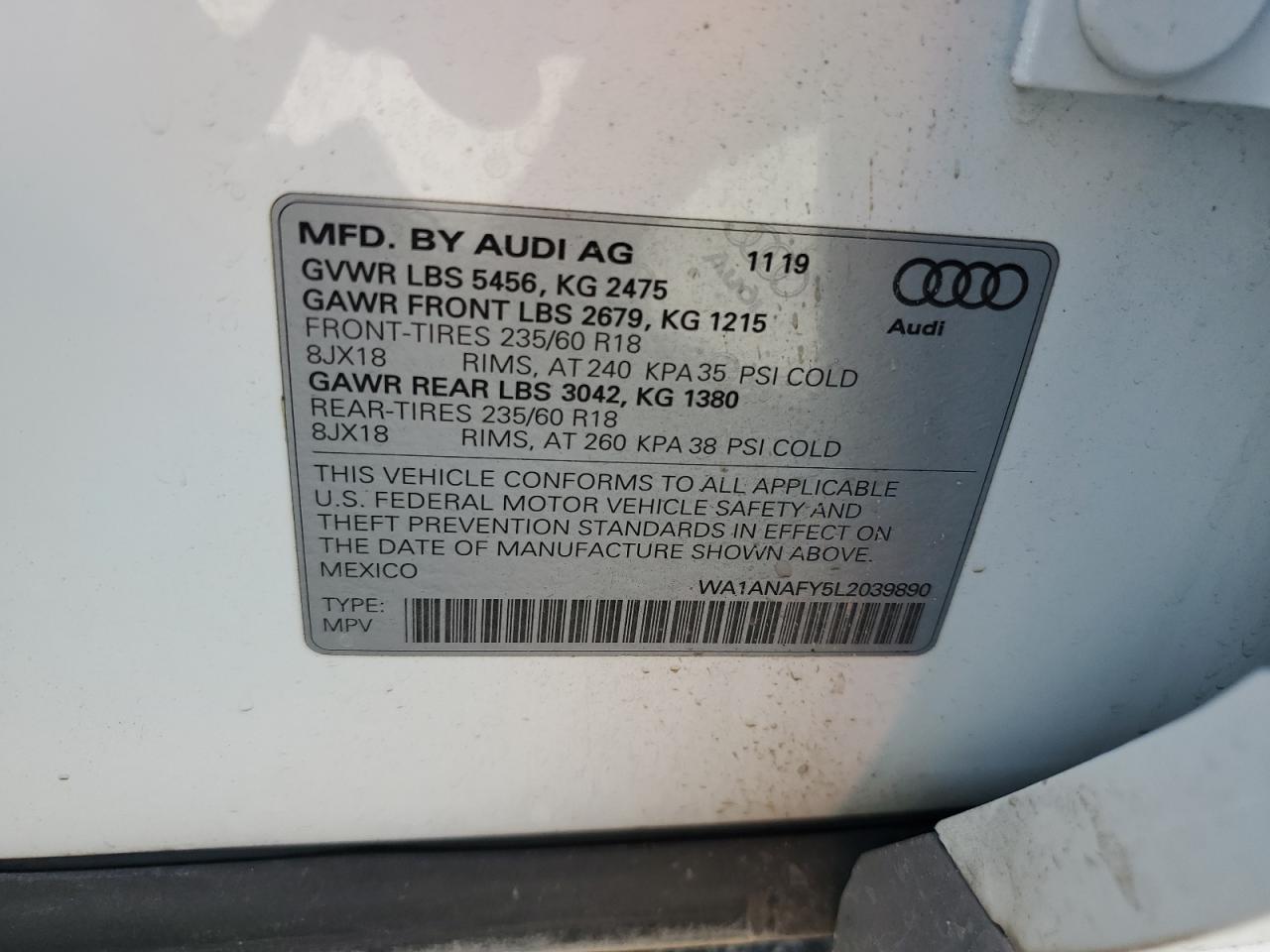 2020 Audi Q5 VIN WA1ANAFY5L2039890 Copart auction photo, front end / undercarriage damage thumbnail 14