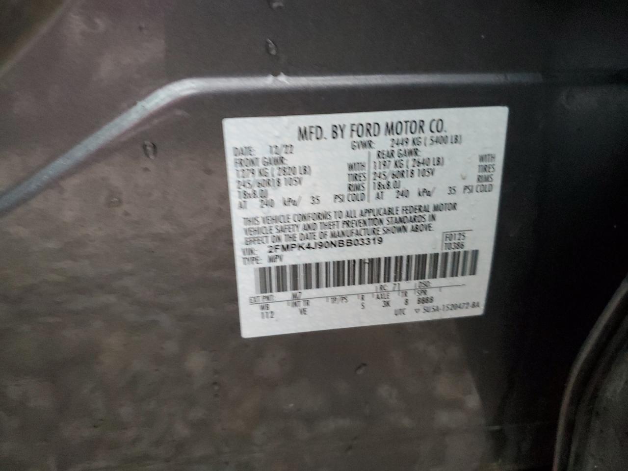 2022 Ford Edge VIN 2FMPK4J90NBB03319 Copart auction photo, mechanical damage thumbnail 14