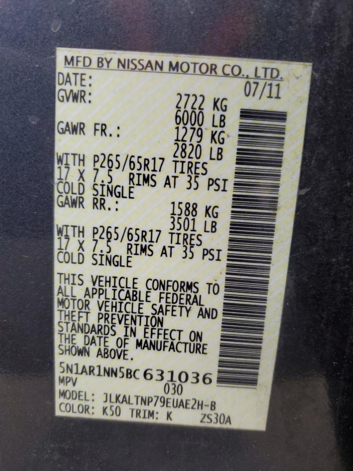 2011 Nissan Pathfinder VIN 5N1AR1NN5BC631036 Copart auction photo, front end / rear end damage thumbnail 13