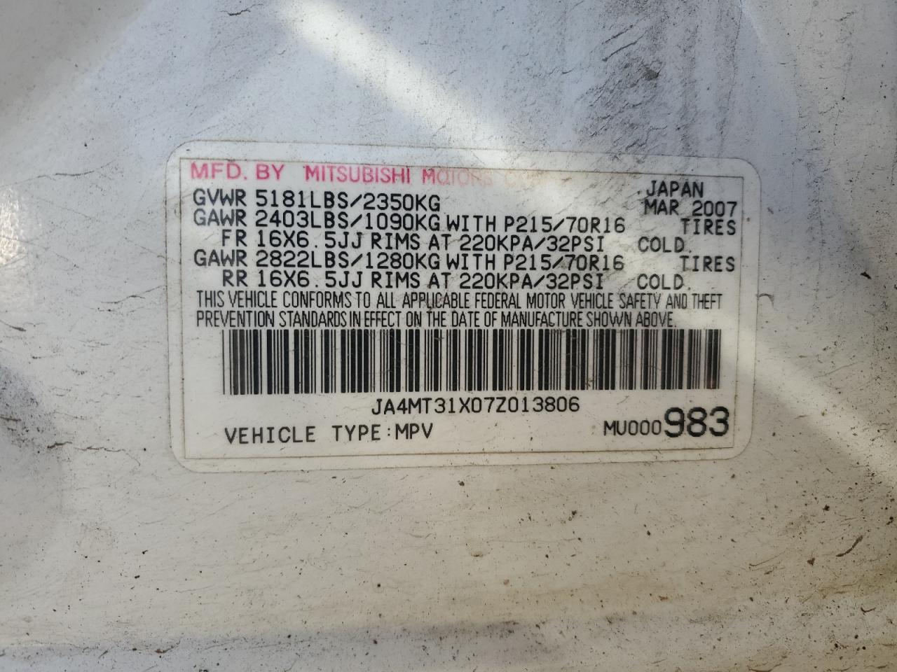 2007 Mitsubishi Outlander VIN JA4MT31X07Z013806 Copart auction photo, front end / undercarriage damage thumbnail 13