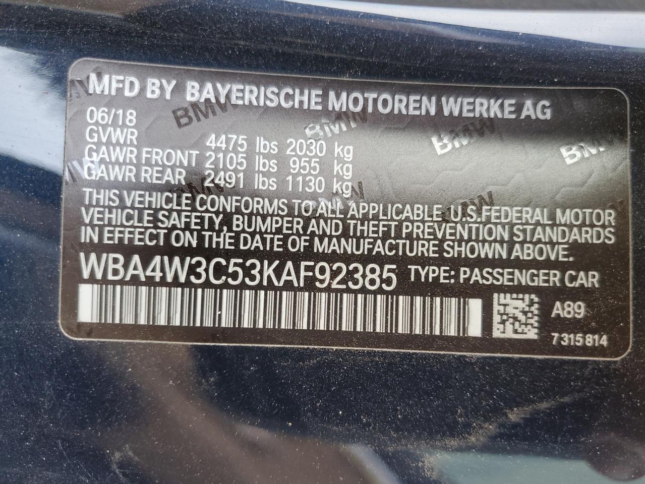 2019 BMW 4er VIN WBA4W3C53KAF92385 Copart auction photo, rear end / side damage thumbnail 14