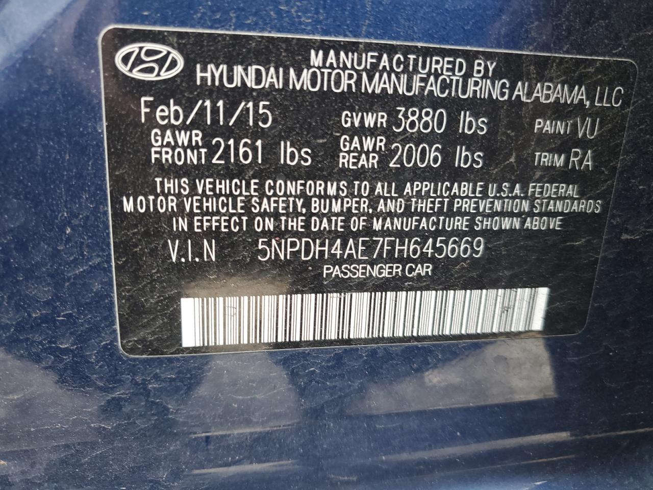 2015 Hyundai Elantra VIN 5NPDH4AE7FH645669 Copart auction photo, front end / side damage thumbnail 12