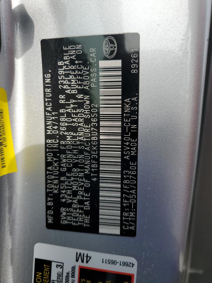 2011 Toyota Camry VIN 4T1BF3EK6BU736502 Copart auction photo, rear end damage thumbnail 12