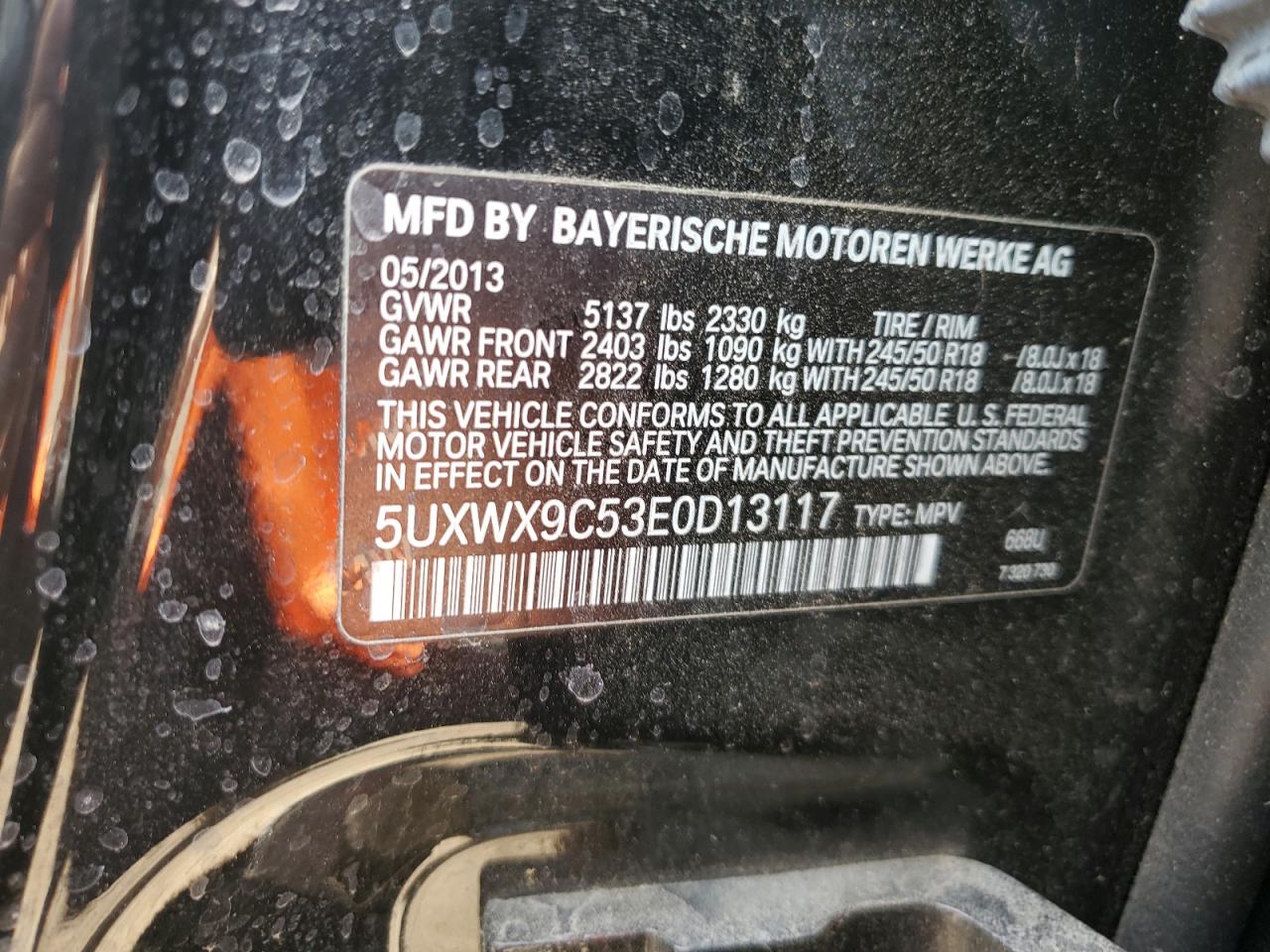 2014 BMW X3 VIN 5UXWX9C53E0D13117 Copart auction photo, front end damage thumbnail 12