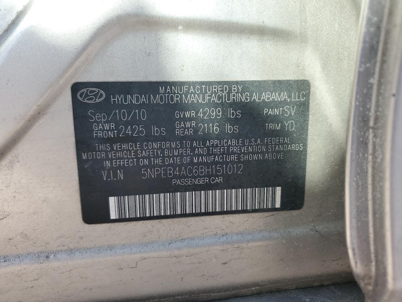 2011 Hyundai Sonata VIN 5NPEB4AC6BH151012 Copart auction photo, front end / vandalism damage thumbnail 12