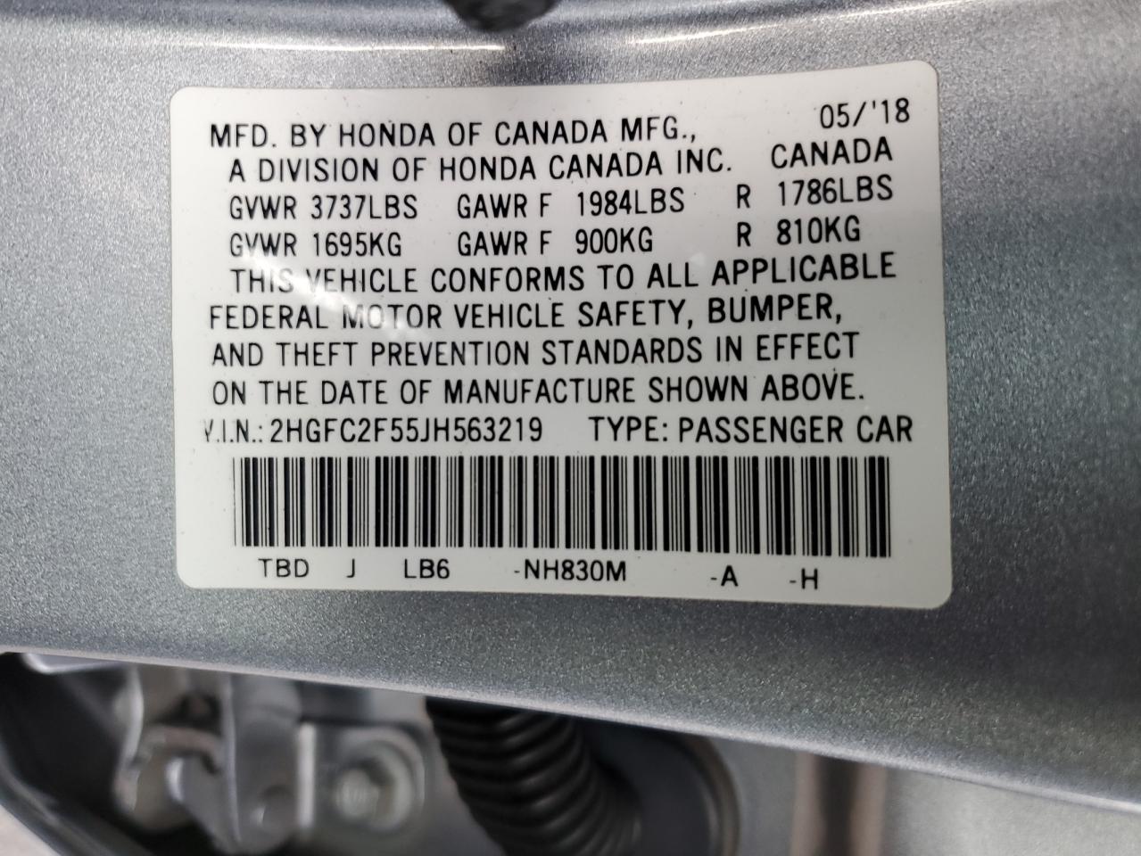2018 Honda Civic VIN 2HGFC2F55JH563219 Copart auction photo, front end / side damage thumbnail 14