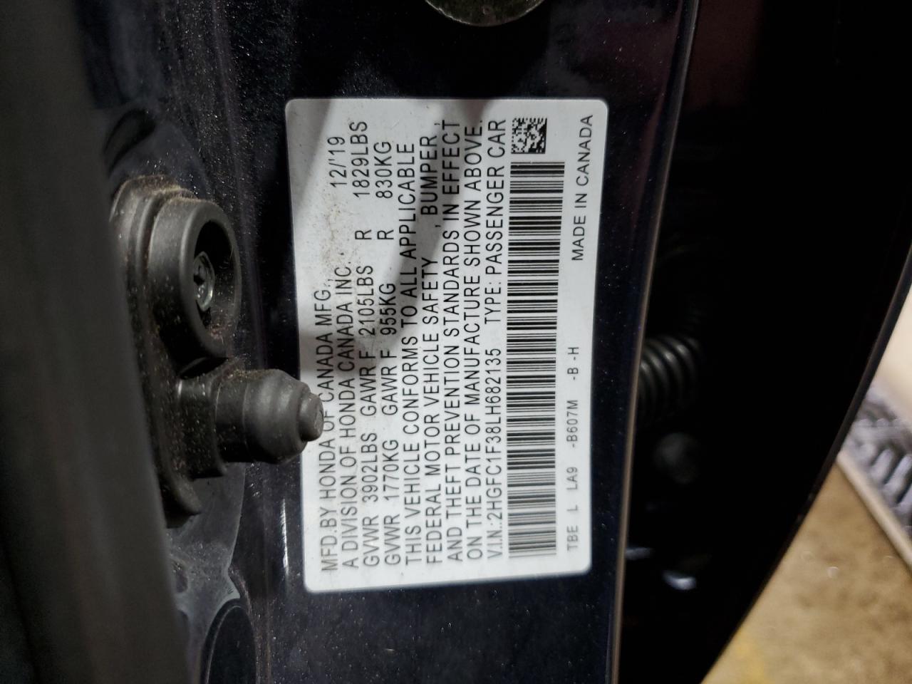 2020 Honda Civic VIN 2HGFC1F38LH682135 Copart auction photo, side damage thumbnail 12