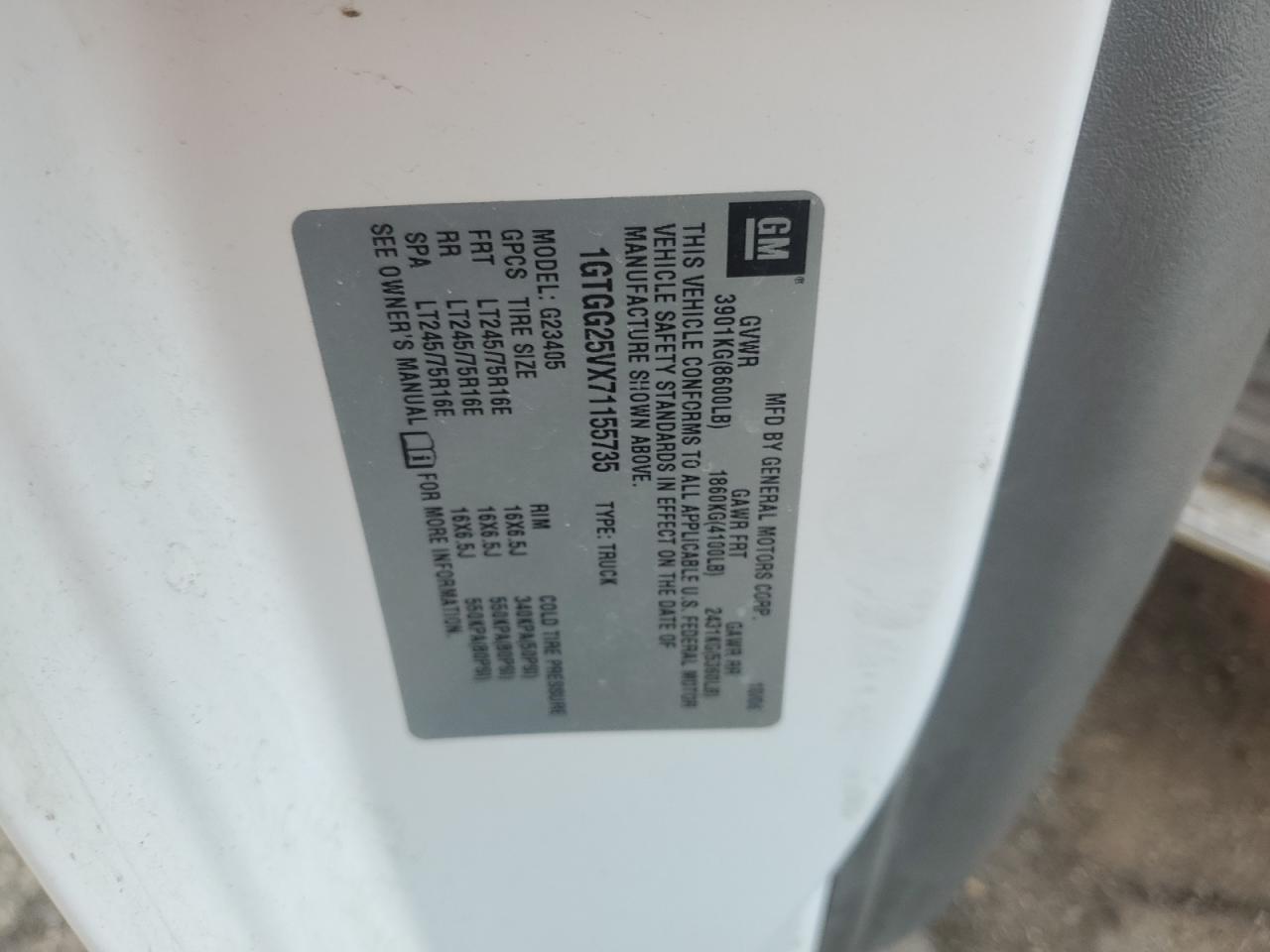 2007 GMC Savana VIN 1GTGG25VX71155735 Copart auction photo, vandalism damage thumbnail 13