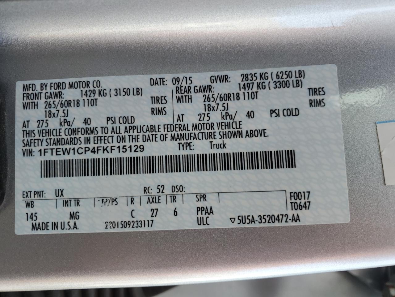 2015 Ford F-150 VIN 1FTEW1CP4FKF15129 Copart auction photo, front end / hail damage thumbnail 13