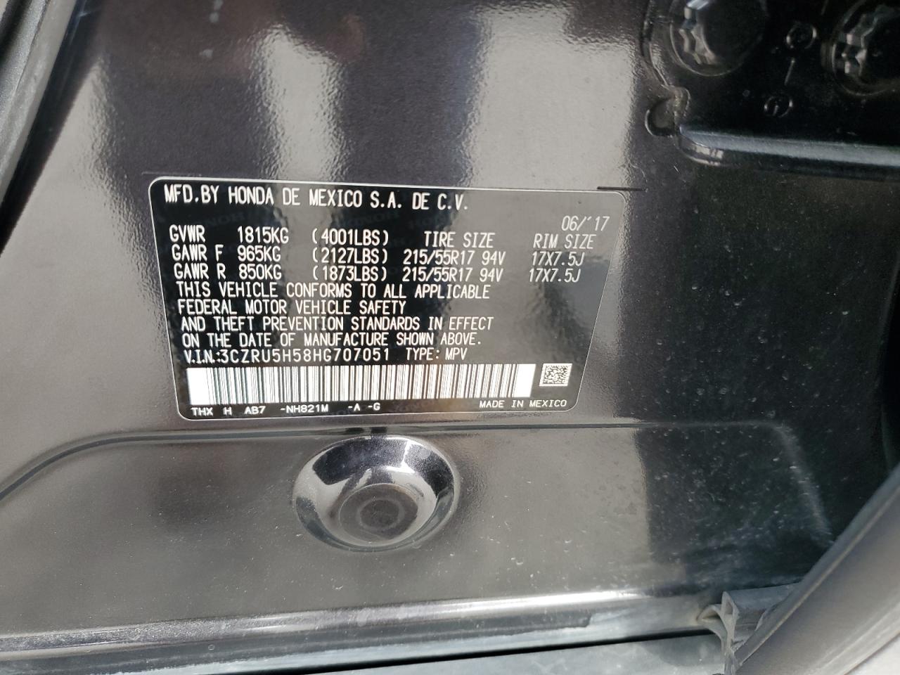 2017 Honda HR-V VIN 3CZRU5H58HG707051 Copart auction photo, front end damage thumbnail 15