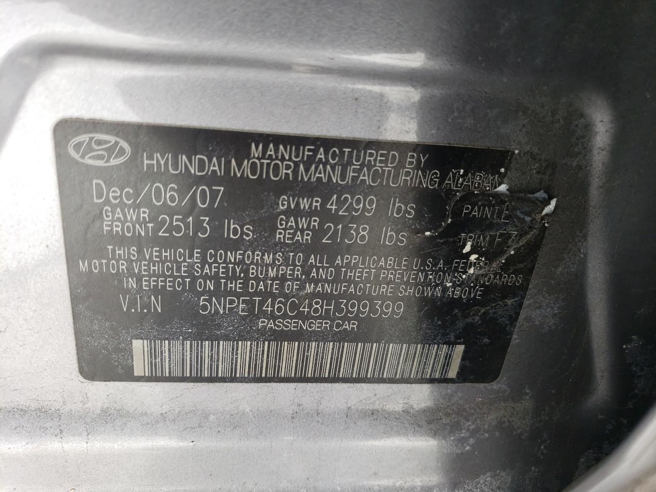 2008 Hyundai Sonata VIN 5NPET46C48H399399 Copart auction photo, side / front end damage thumbnail 12