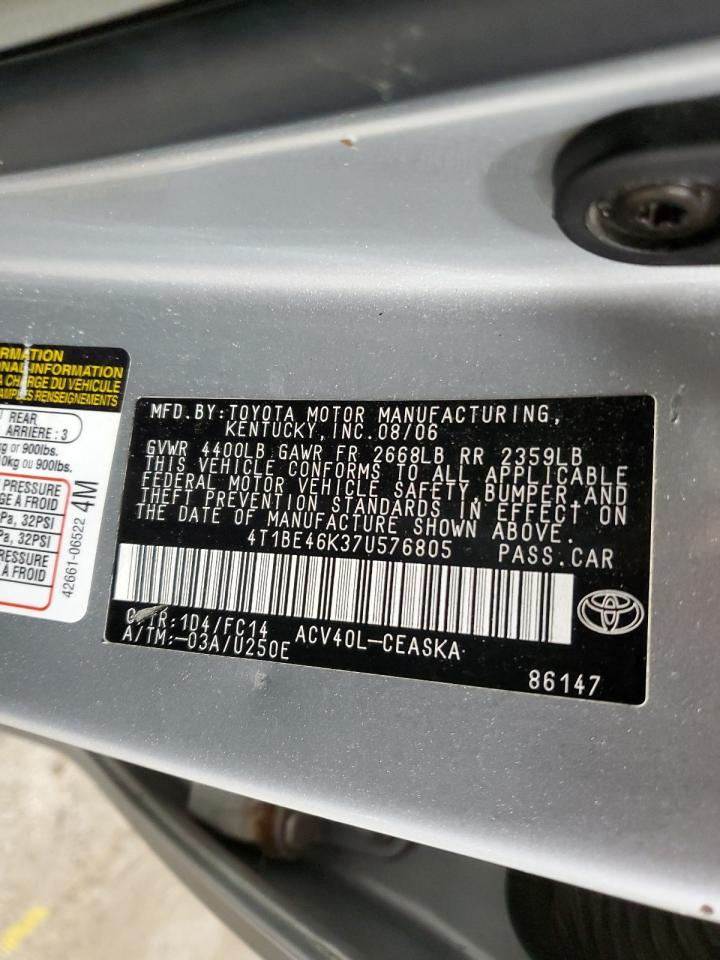 2007 Toyota Camry VIN 4T1BE46K37U576805 Copart auction photo, front end damage thumbnail 12