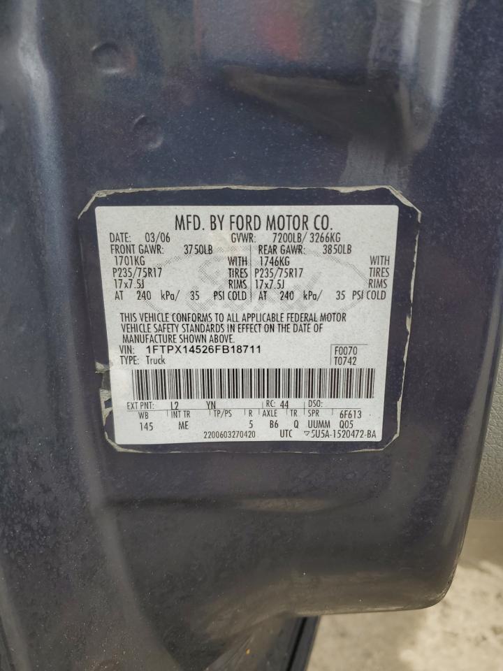 2006 Ford F-150 VIN 1FTPX14526FB18711 Copart auction photo, side damage thumbnail 12