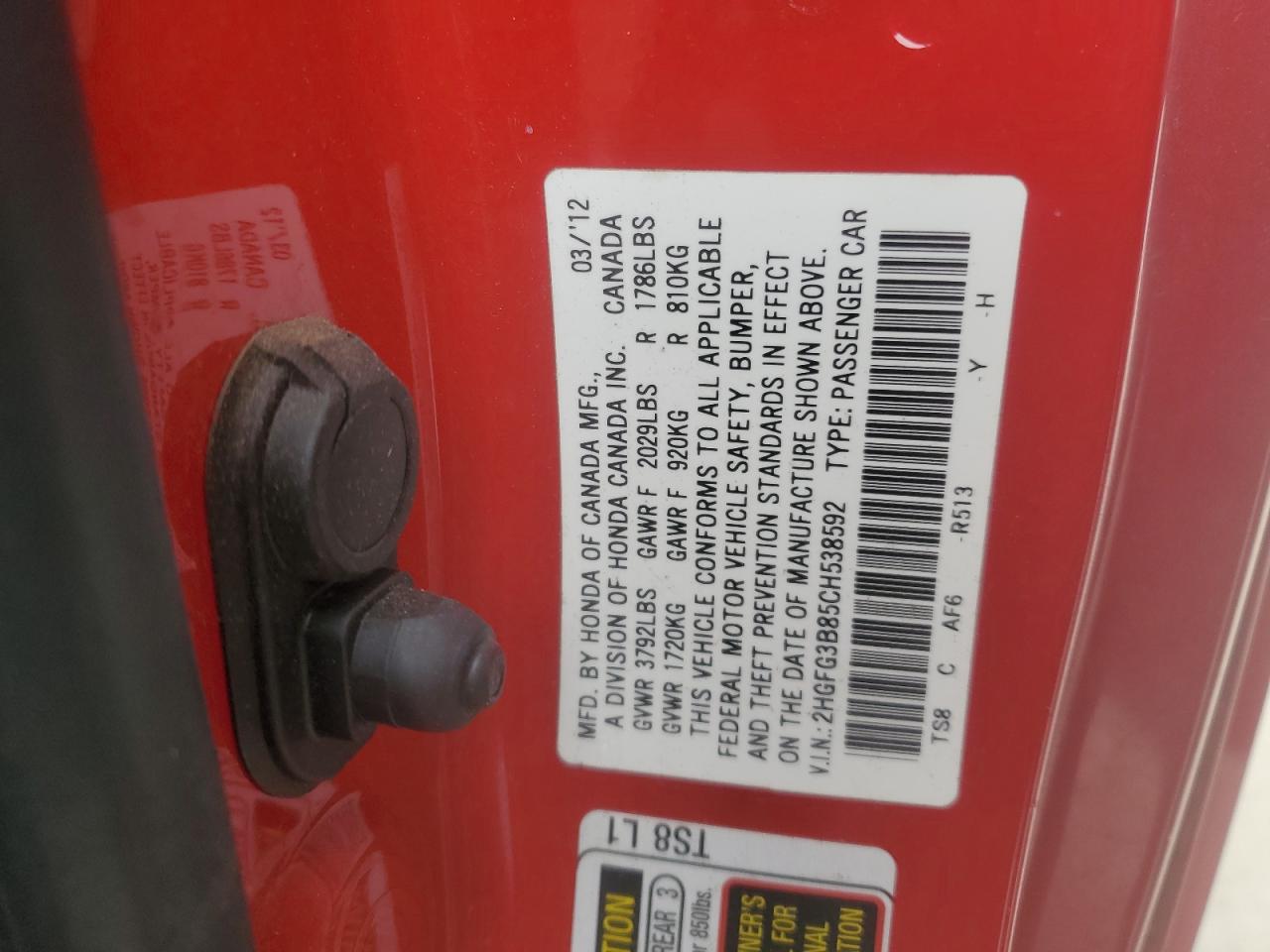 2012 Honda Civic VIN 2HGFG3B85CH538592 Copart auction photo, front end / side damage thumbnail 12