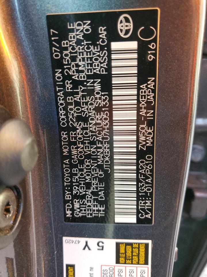 2017 Toyota Prius VIN JTDKBRFU7H3051331 Copart auction photo, rear end damage thumbnail 13