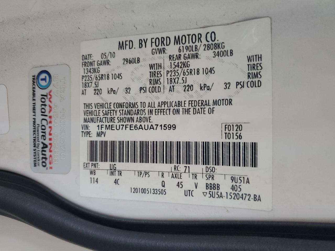 2010 Ford Explorer VIN 1FMEU7FE6AUA71599 Copart auction photo, rear end / hail damage thumbnail 13