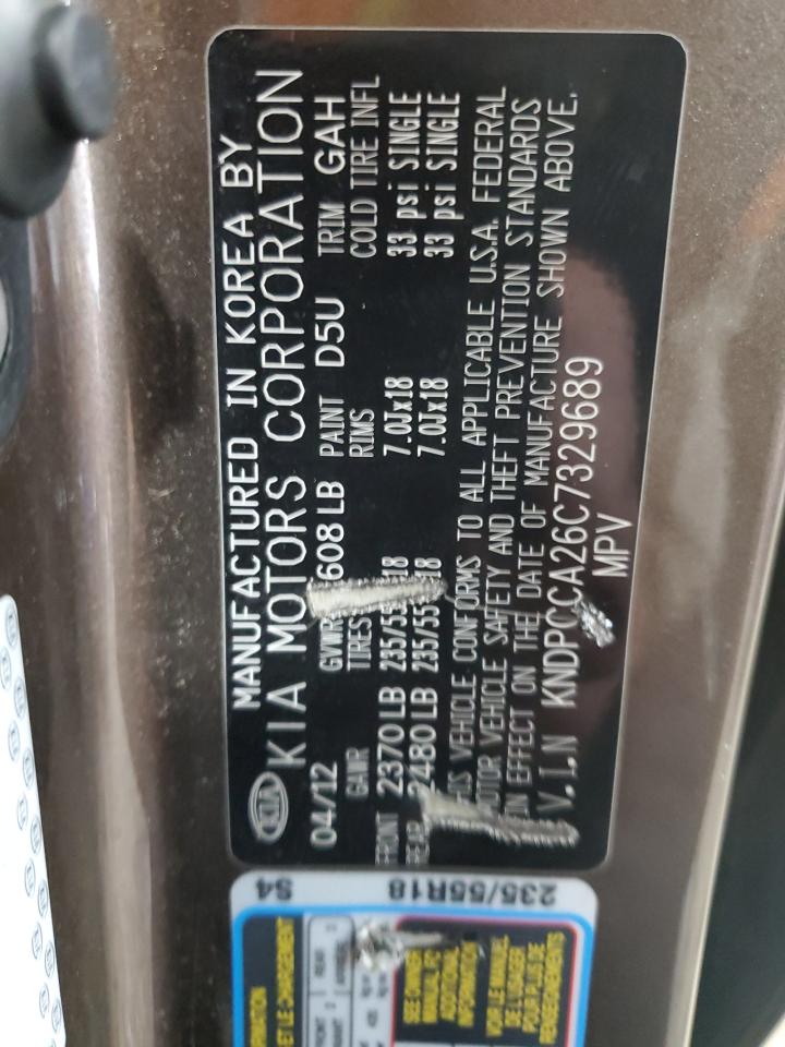 2012 KIA Sportage VIN KNDPCCA26C7329689 Copart auction photo, rear end damage thumbnail 13