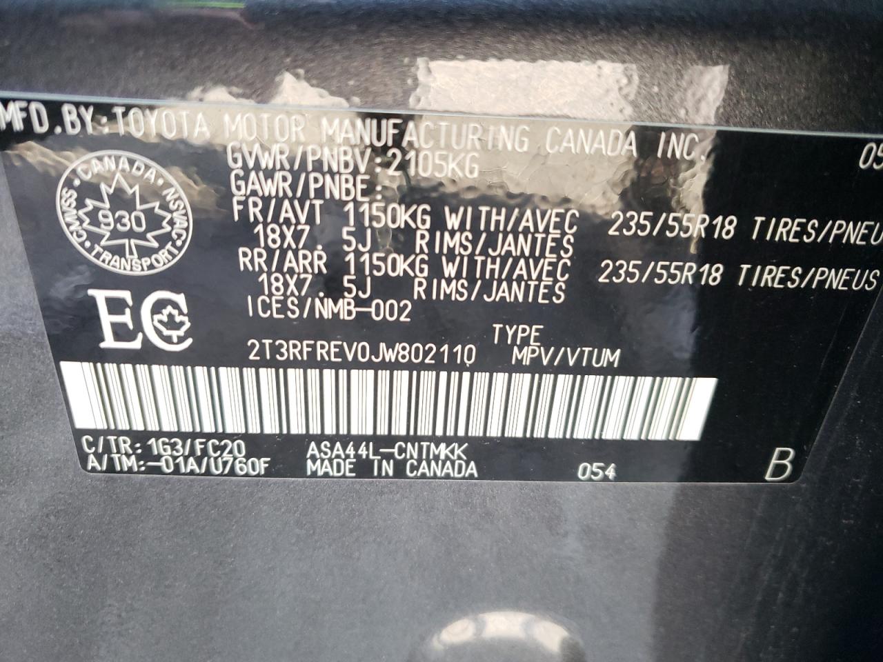 2018 Toyota RAV 4 VIN 2T3RFREV0JW802110 Copart auction photo, all over damage thumbnail 14