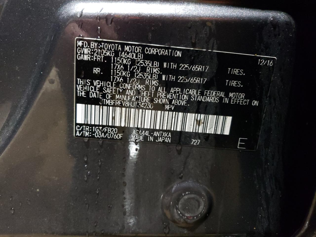 2017 Toyota RAV 4 VIN JTMBFREV8HJ134230 Copart auction photo, side damage thumbnail 13