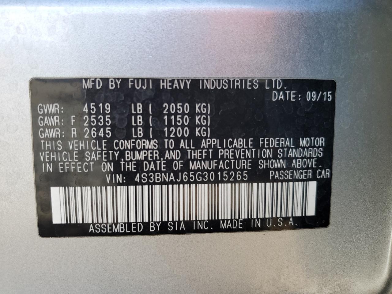 2016 Subaru Legacy VIN 4S3BNAJ65G3015265 Copart auction photo, front end damage thumbnail 14