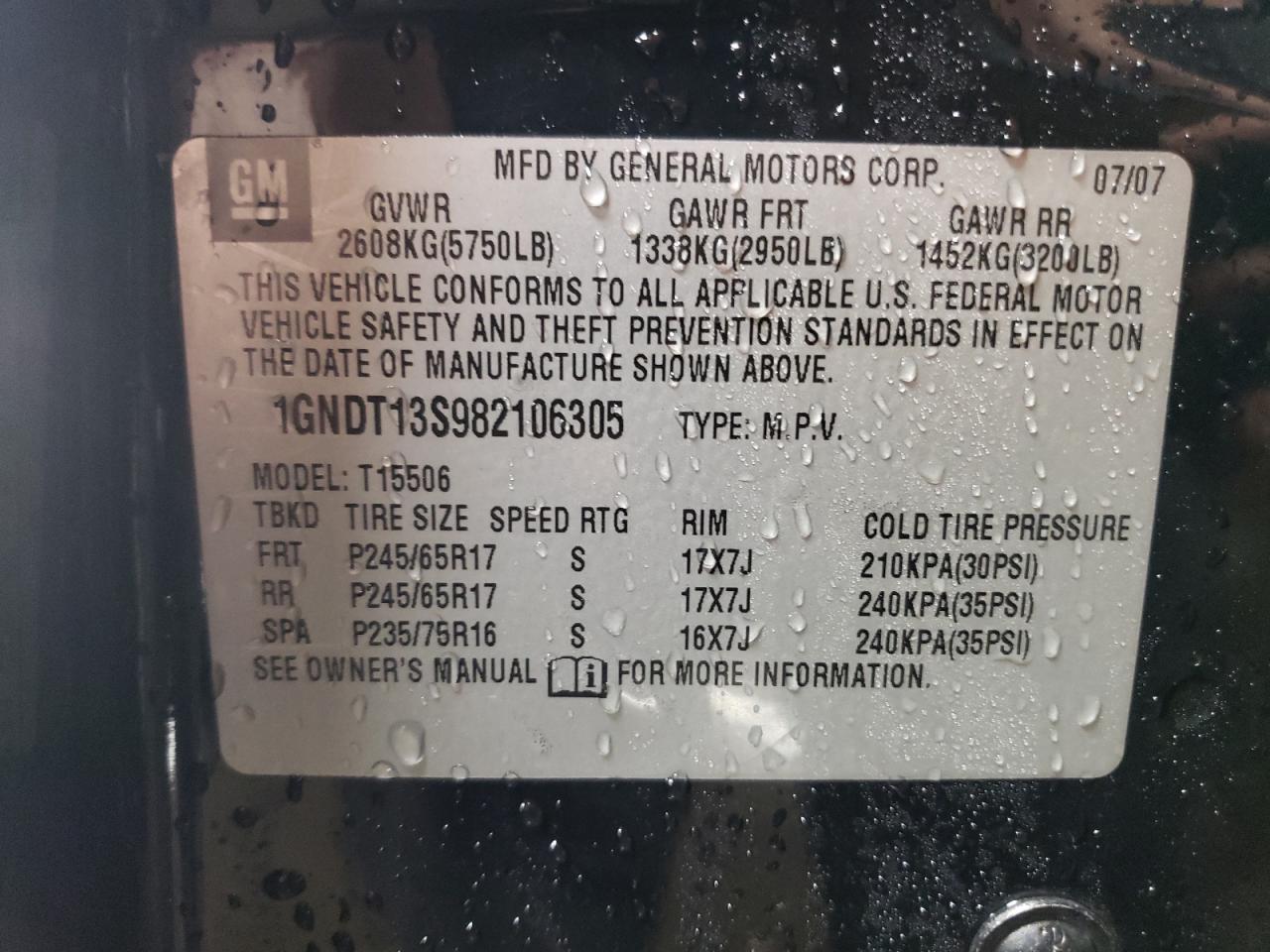 2008 Chevrolet TrailBlazer VIN 1GNDT13S982106305 Copart auction photo, front end / minor dent/scratches damage thumbnail 12