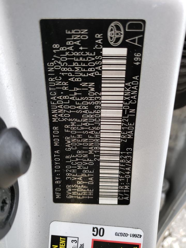 2018 Toyota Corolla VIN 2T1BURHE6JC069932 Copart auction photo, front end / minor dent/scratches damage thumbnail 12