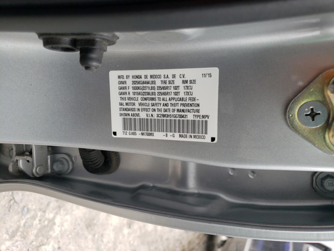 2016 Honda CR-V VIN 3CZRM3H51GG700431 Copart auction photo, rear end damage thumbnail 13