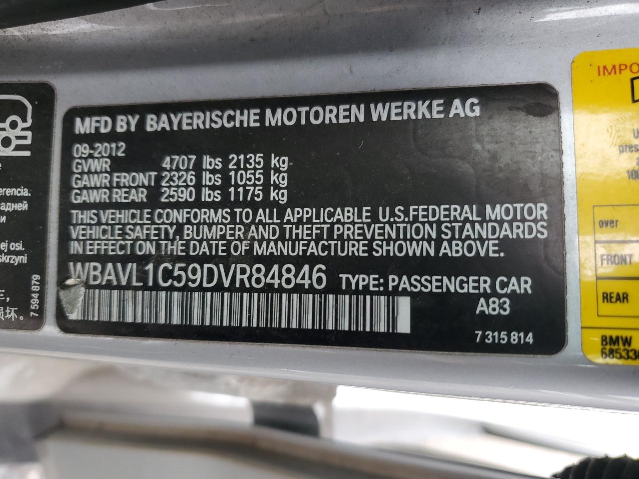2013 BMW X1 VIN WBAVL1C59DVR84846 Copart auction photo, front end / minor dent/scratches damage thumbnail 13