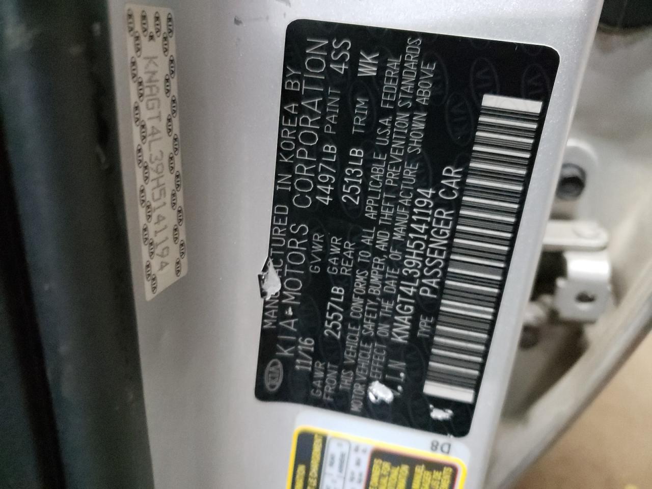 2017 KIA Optima VIN KNAGT4L39H5141194 Copart auction photo, front end / rear end damage thumbnail 12