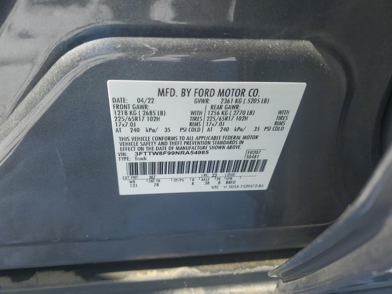 2022 Ford Maverick VIN 3FTTW8F99NRA54985 Copart auction photo, water/flood damage thumbnail 14