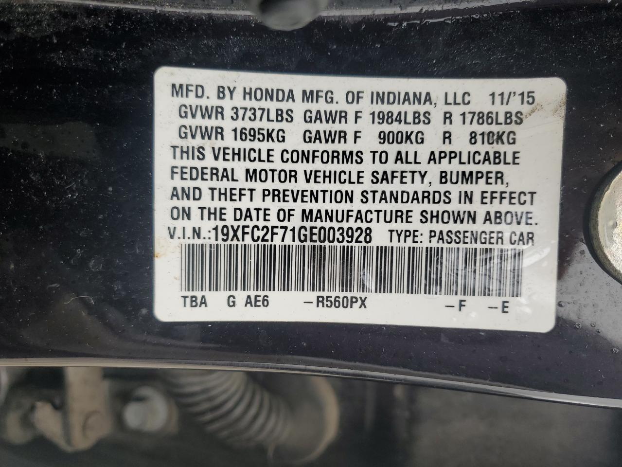 2016 Honda Civic VIN 19XFC2F71GE003928 Copart auction photo, front end / rear end damage thumbnail 13