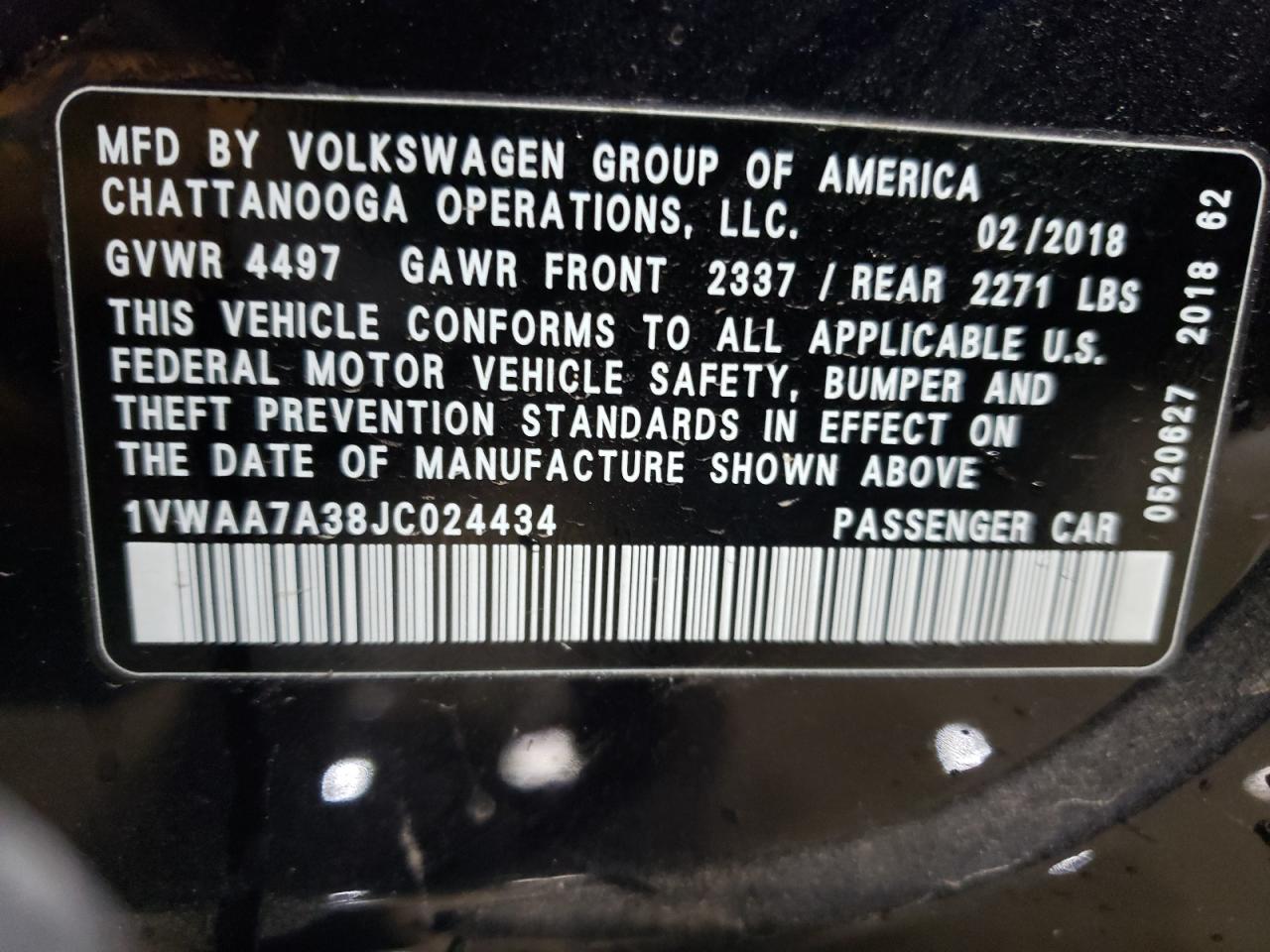 2018 Volkswagen Passat VIN 1VWAA7A38JC024434 Copart auction photo, front end / hail damage thumbnail 13