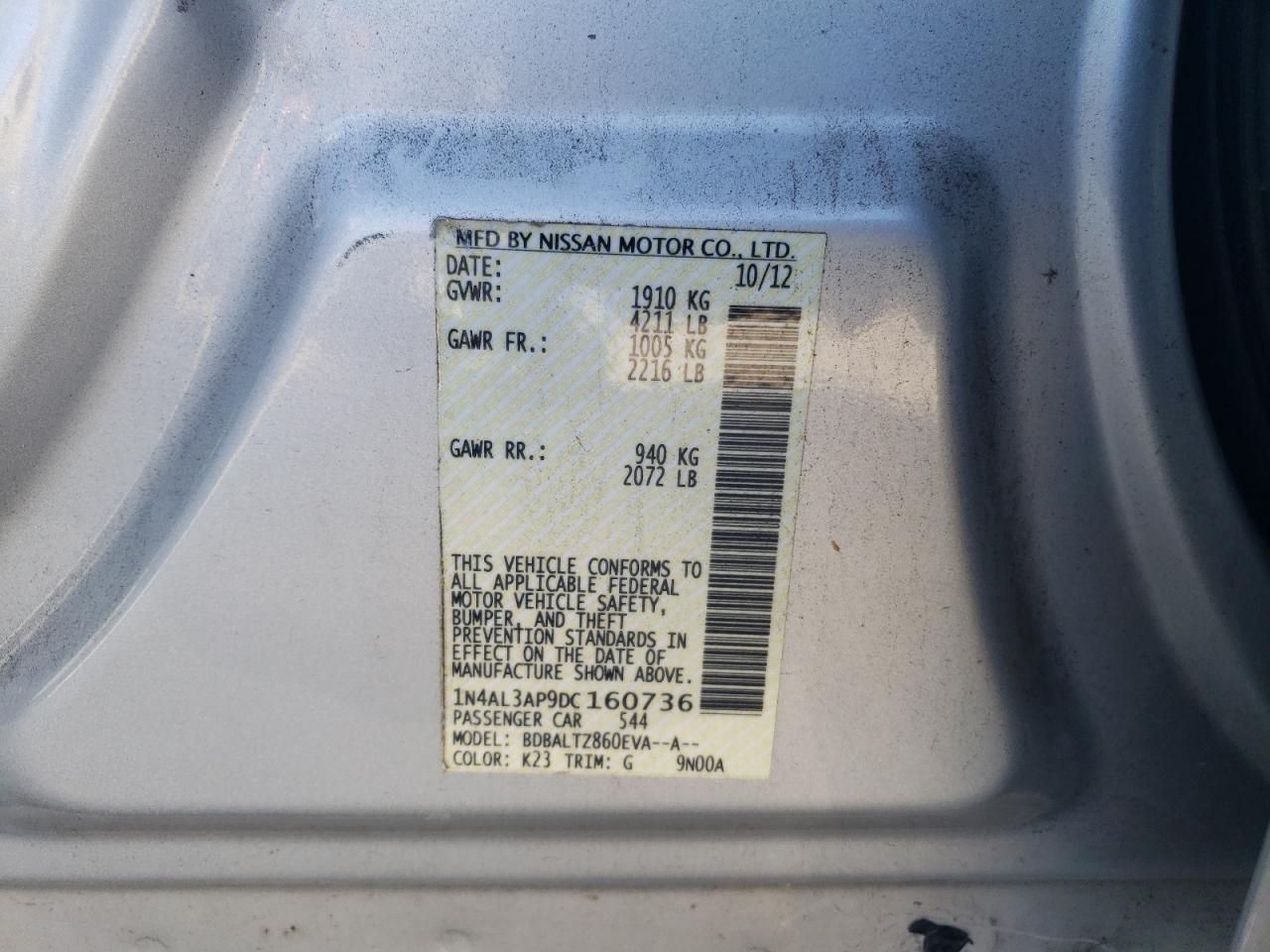 2013 Nissan Altima VIN 1N4AL3AP9DC160736 Copart auction photo, all over damage thumbnail 12