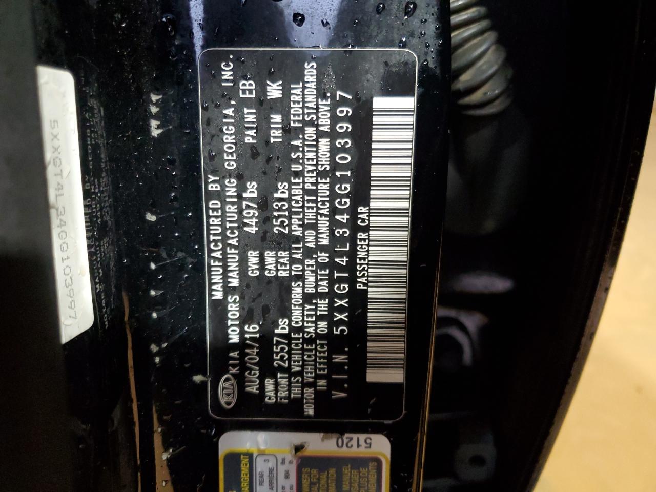 2016 KIA Optima VIN 5XXGT4L34GG103997 Copart auction photo, front end damage thumbnail 14