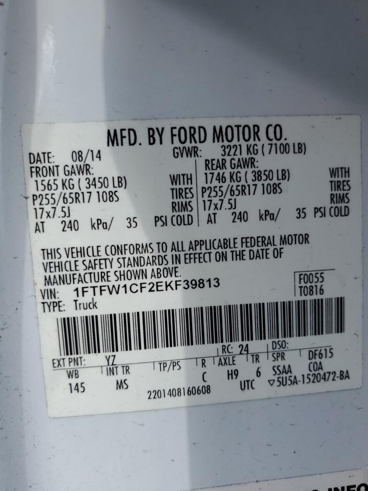 2014 Ford F-150 VIN 1FTFW1CF2EKF39813 Copart auction photo, all over damage thumbnail 12