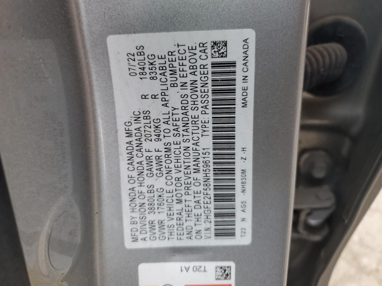 2022 Honda Civic VIN 2HGFE2F58NH596151 Copart auction photo, front end damage thumbnail 12