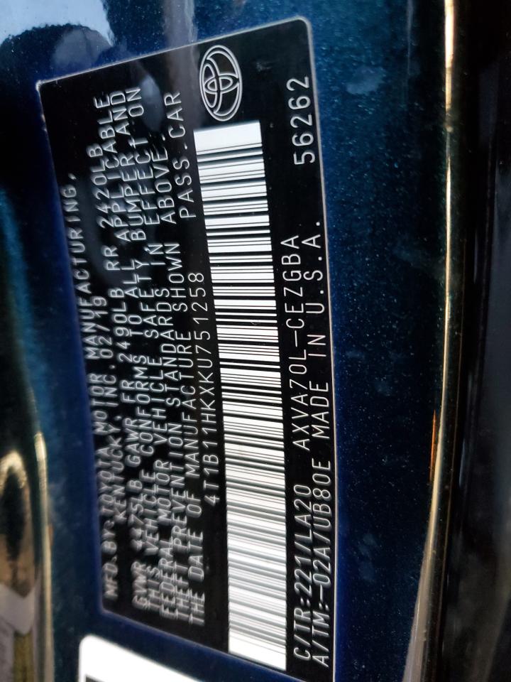2019 Toyota Camry VIN 4T1B11HKXKU751258 Copart auction photo, front end damage thumbnail 13