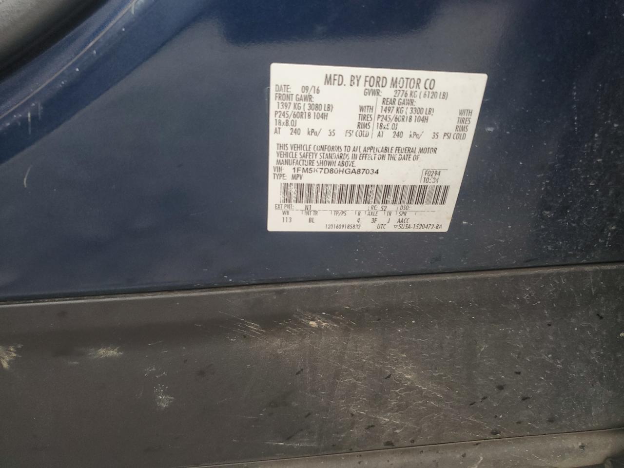 2017 Ford Explorer VIN 1FM5K7D80HGA87034 Copart auction photo, front end damage thumbnail 12