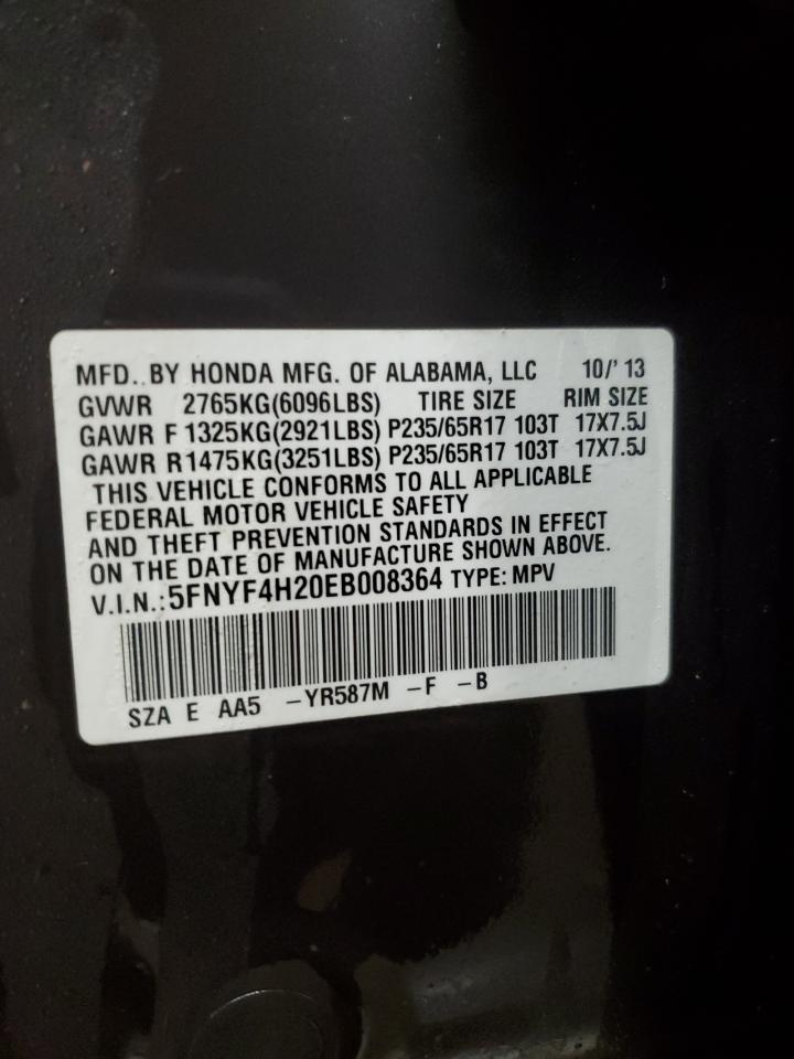 2014 Honda Pilot VIN 5FNYF4H20EB008364 Copart auction photo, burn - engine / minor dent/scratches damage thumbnail 13