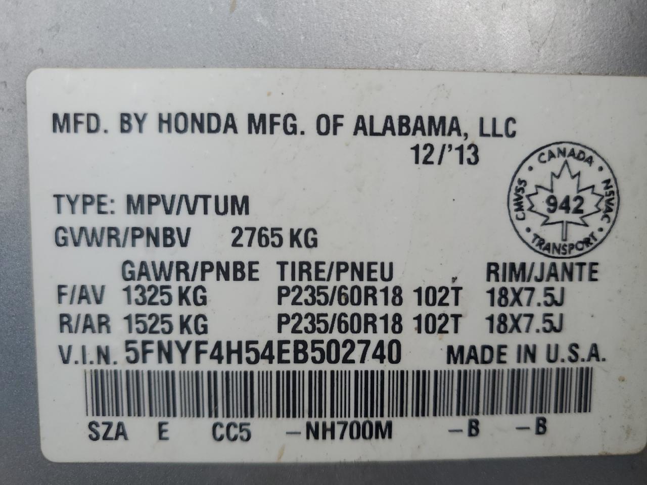 2014 Honda Pilot VIN 5FNYF4H54EB502740 Copart auction photo, rear end / side damage thumbnail 13