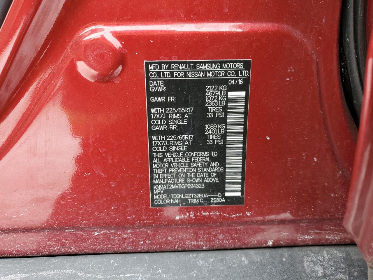 2016 Nissan Rogue VIN KNMAT2MV8GP694323 Copart auction photo, rear end damage thumbnail 13