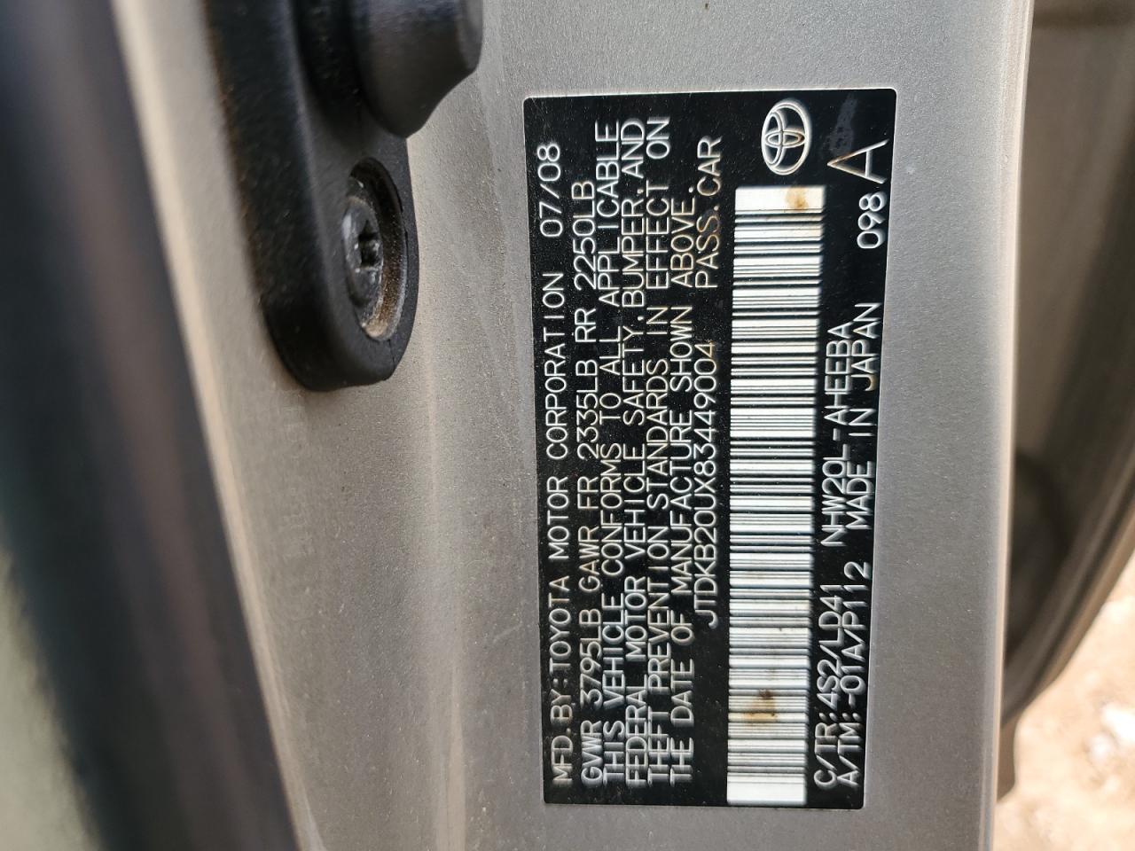 2008 Toyota Prius VIN JTDKB20UX83449004 Copart auction photo, rear end / front end damage thumbnail 12
