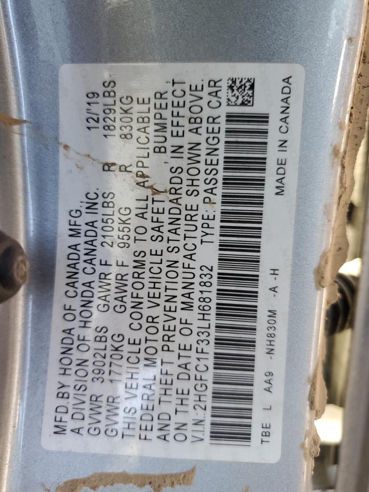 2020 Honda Civic VIN 2HGFC1F33LH681832 Copart auction photo, all over damage thumbnail 12