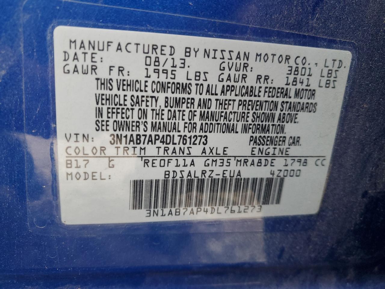 2013 Nissan Sentra VIN 3N1AB7AP4DL761273 Copart auction photo, front end / side damage thumbnail 13