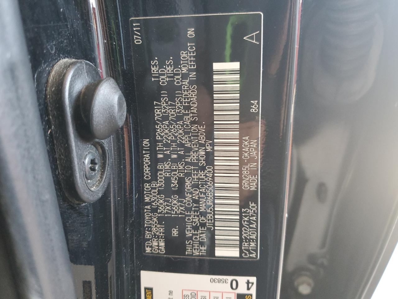 2011 Toyota 4Runner VIN JTEBU5JR6B5069400 Copart auction photo, side damage thumbnail 12