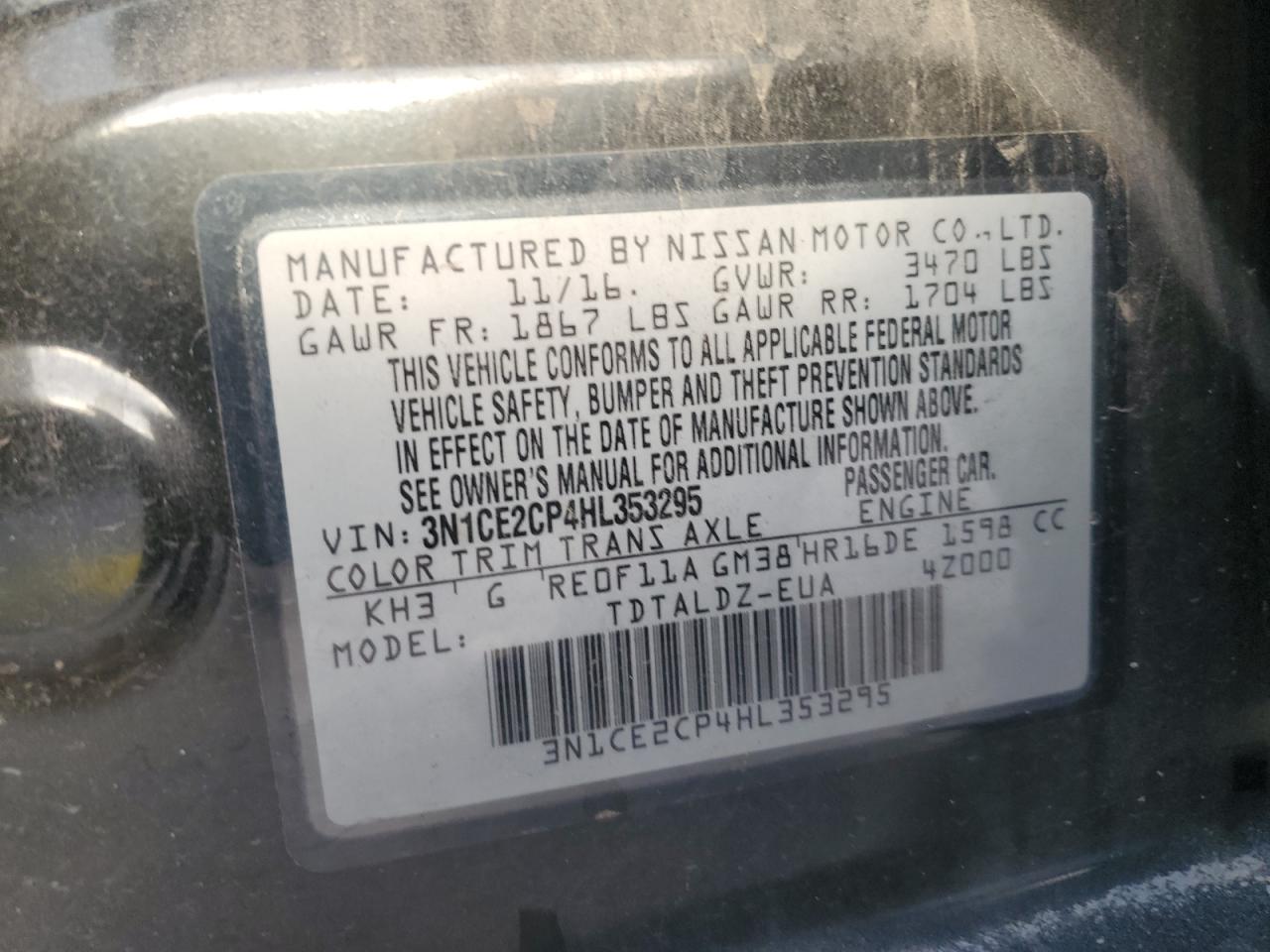 2017 Nissan Versa VIN 3N1CE2CP4HL353295 Copart auction photo, front end damage thumbnail 12