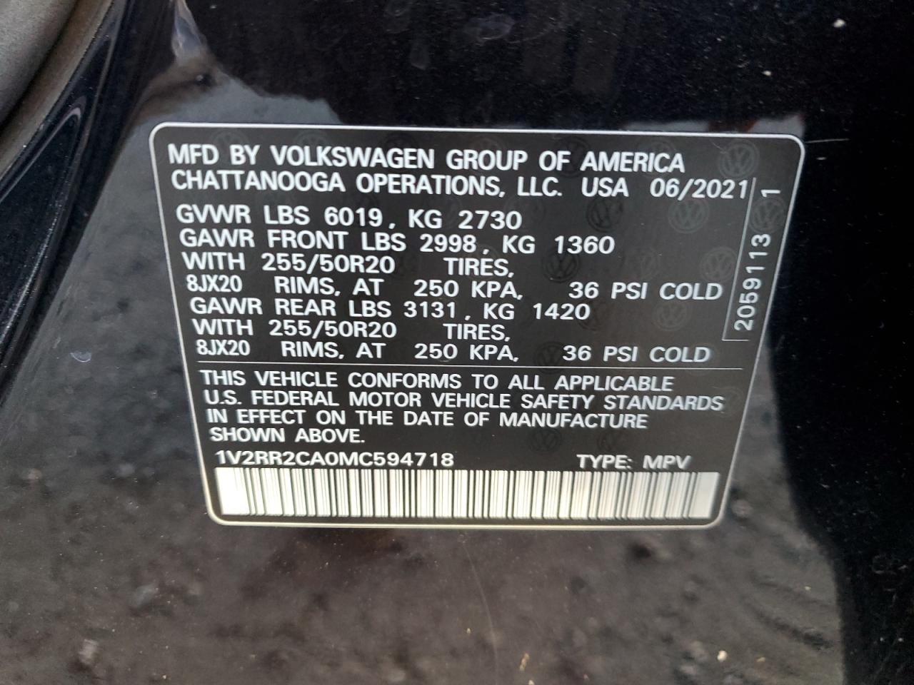 2021 Volkswagen Atlas VIN 1V2RR2CA0MC594718 Copart auction photo, rear end damage thumbnail 14