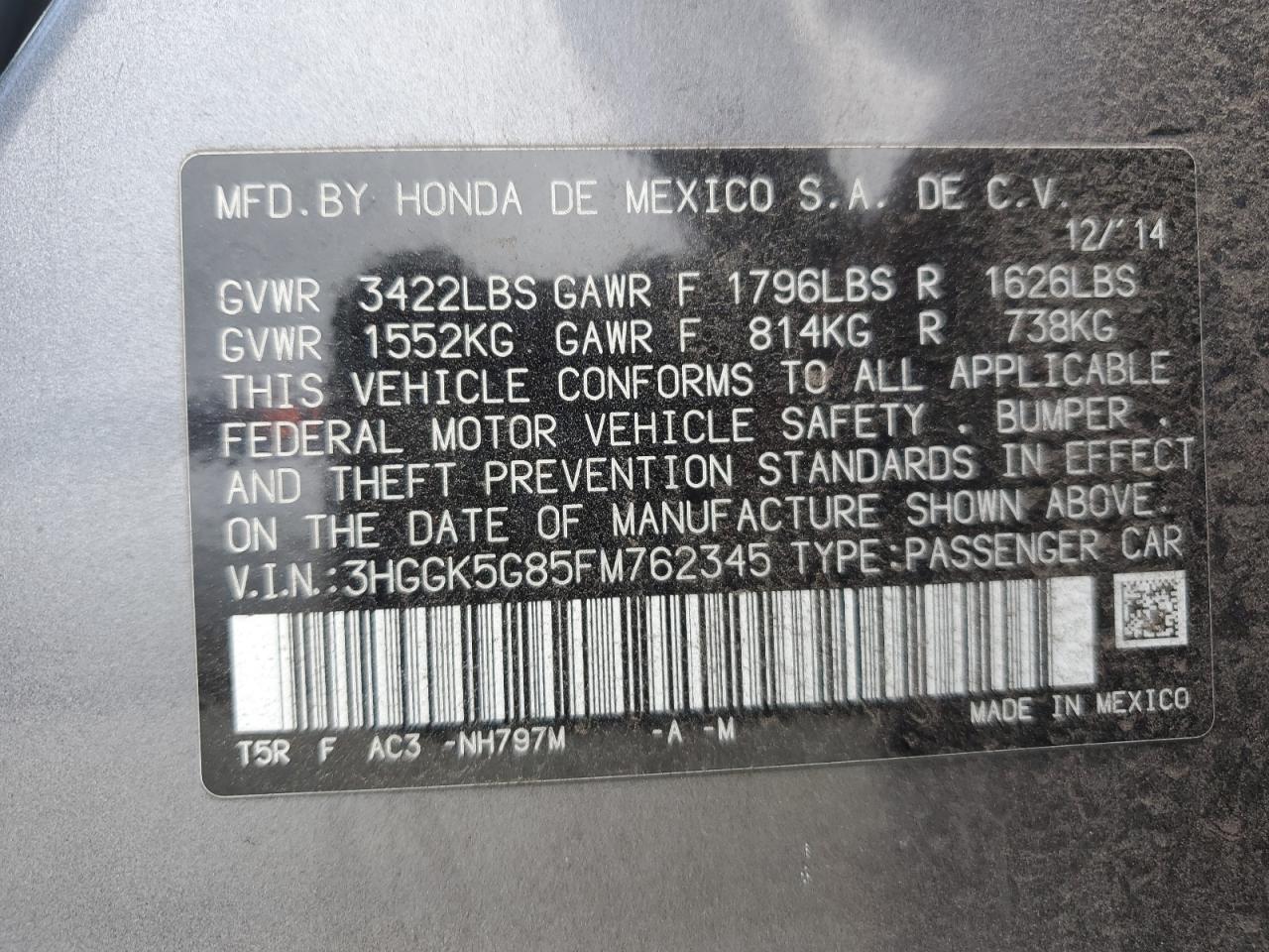 2015 Honda Fit VIN 3HGGK5G85FM762345 Copart auction photo, front end damage thumbnail 14